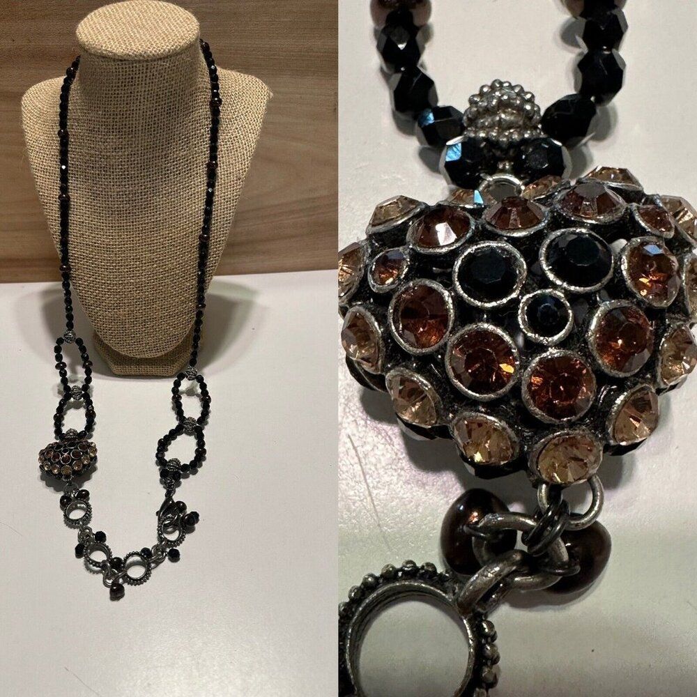 Rhinestone Encrusted Heart Pendant Black Multifaceted Necklace Statement